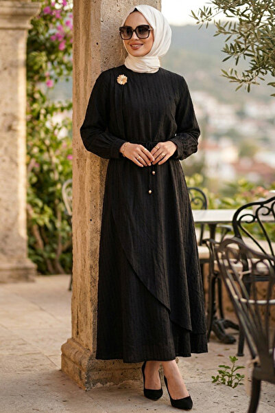 N.S NEVA STYLE Μαύρο Φόρεμα Τεσεττούρ με Κορδόνια 20162S