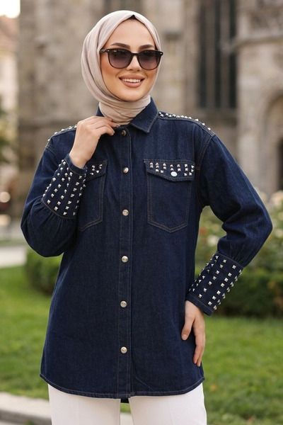 N.S NEVA STYLE Beaded Detailed Navy Blue Hijab Denim Tunic 41752L
