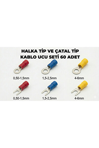 TORK Halka ve Çatal Tip Kablo Ucu Seti 60 Adet Kırmızı Mavi Sarı 0,50-6 mm²