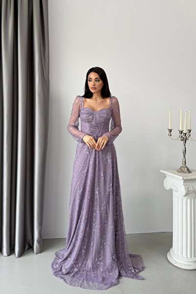 Serica Moda Λιλά Φόρεμα με Καρδιά-Λαιμόκοψη, Λεπτομερής Λεπτομέρεια Κορσέ, Δα...