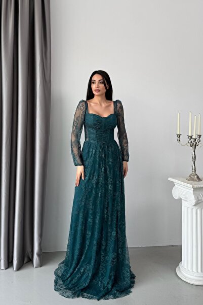 Serica Moda Βραδινό φόρεμα με λεπτομέρεια κορσέ σε σχήμα καρδιάς από σμαραγδί...