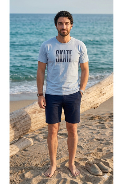 PİJALİNA Ανδρικό βαμβακερό σετ με στάμπα, κοντομάνικο και σορτς με τσέπες