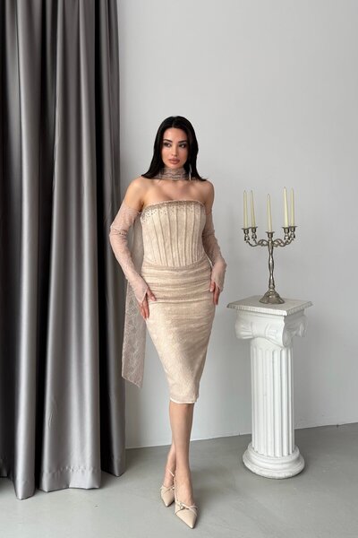 Serica Moda Μπεζ Φόρεμα Μίντι με Δαντέλα, Κεντημένο με Πέτρες, με Φουλάρι και...
