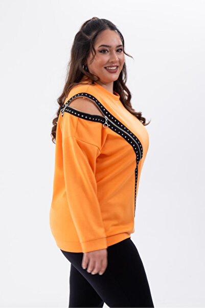 Roxxlen Women's Plus Size Zippered Striped Sweatshirt