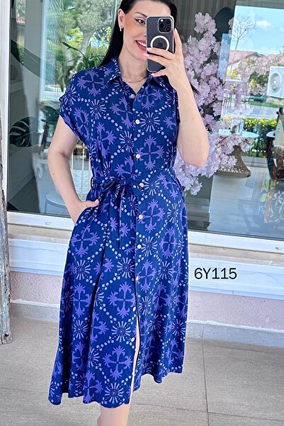 İnce Topuk Φόρεμα βισκόζης με γιακά πόλο και δέσιμο στη μέση 6y115