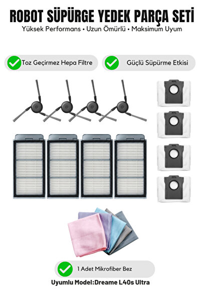 Asgard Grup Dreame L40S Ultra Compatible 4 Side Brushes 4 Filters 4 Dust Bags...