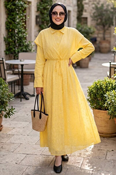 N.S NEVA STYLE Κίτρινο Φόρεμα Τεσεττούρ με Δέσιμο στη Μέση 20231SR