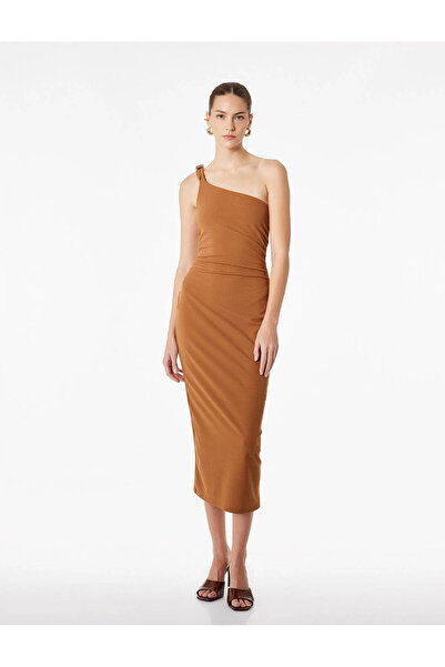 Koton Αξεσουάρ Λεπτομερές Ντραπέ Καφέ Γυναικείο Φόρεμα 6SAK80003UK