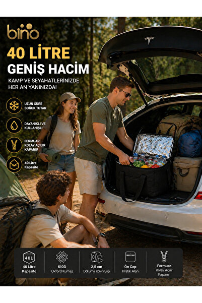 Bino 40 LT Termal Çanta Soğuk Tutucu Piknik Kamp Plaj Alışveriş Siyah Buzluk Çanta Dayanıklı