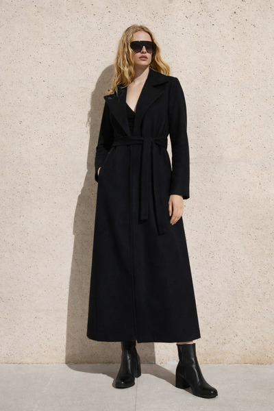 hacker Women's Premium Double-Breasted Collar Black Long Cashmere Coat