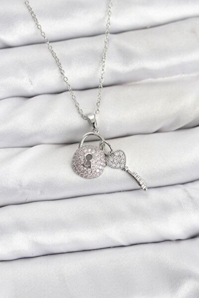 norsary 316L Steel Chain Silver Color Lock Key Model Zircon Stone Women's Nec...