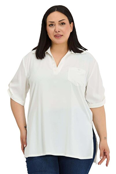 DISENTIS MODEST Λευκή μπλούζα μεγάλου μεγέθους με λεπτομέρεια στον γιακά με κ...