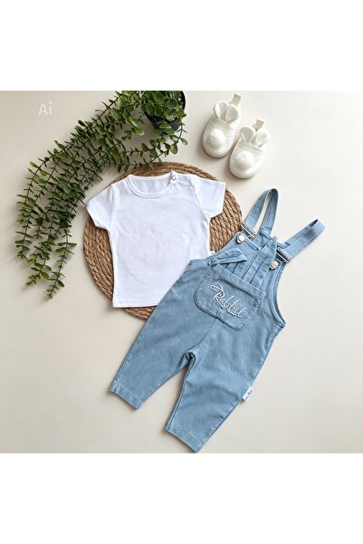 Baby Buu 0372 Tavşan Kulaklı Denim Yumuşak Dokulu Salopet &Tişört Takım 6-9/9...