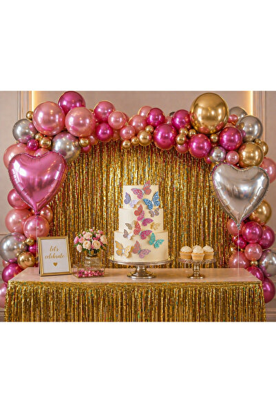Bulout Gold Pembe Gümüş Parti Dekorasyon Seti – Krom Balon Seti, Kalp Folyo B...