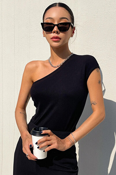 MİO ESTİLO MİO ESTİLLO Μαύρο Κορδόνι/Ασύμμετρο γιακά με εφαρμοστή γραμμή, μπλ...