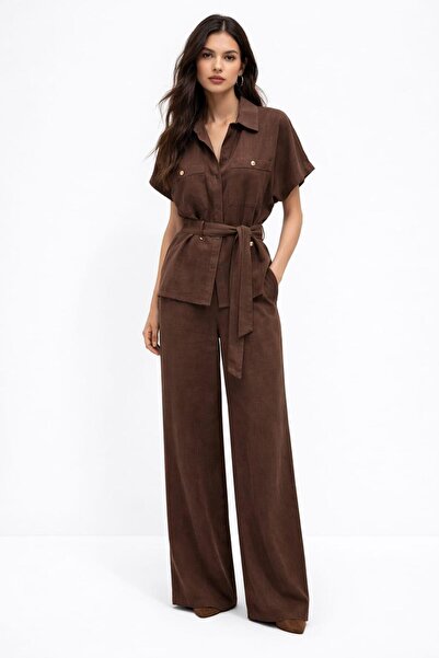 QİMYA BUTİK EGZOTİK ASORTİK Γυναικείο κοντομάνικο πουκάμισο με ζώνη και κουμπ...