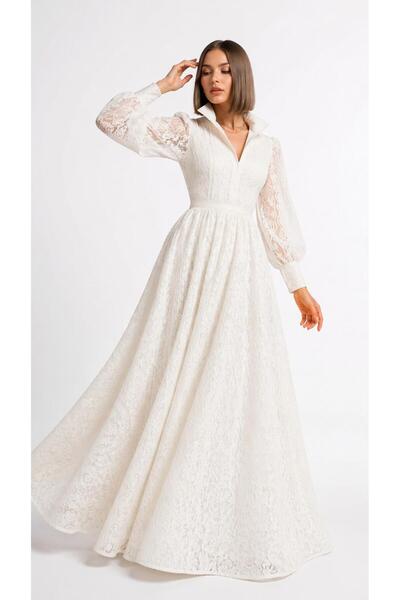 SERAVENZA COUTURE Maxi Boy Uzun Kollu Şık Dantel Davet Elbisesi COU-120