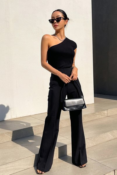 MİO ESTİLO Mi̇o Esti̇llo Black Ribbed/Fitted Asymmetrical Collar One-Shoulder T-Shirt/Blouse Black