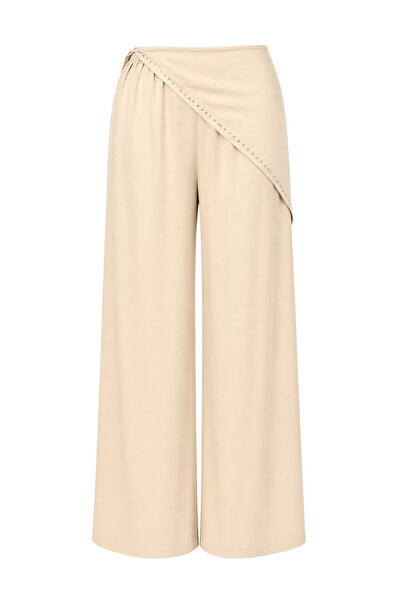 Mixray 2094 Women's Stone Detailed Flowy Satin Wrap Pants Beige