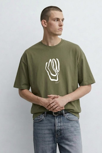 MATERIAL Men's Short Sleeve Patterned Oversize Khaki T-Shirt