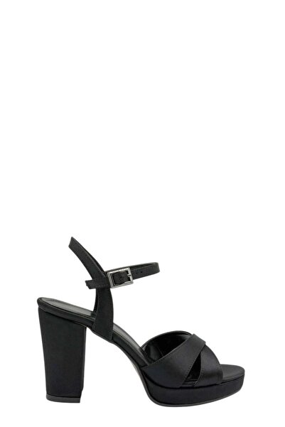 Moulin Shoes Black Satin Cross Strap Platform Heeled Women's Shoes