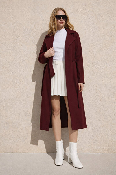 hacker Women's Premium Double-Breasted Collar Burgundy Long Cashmere Coat