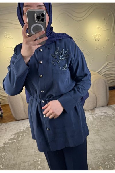 Tığ Triko 6033 Beaded Embroidered Tunic Navy Blue