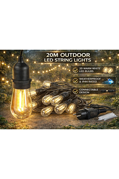 OEM Φωτοσειρά Εξωτερικού Χώρου 20μ, 20x E27, 20x 1W Λαμπτήρες LED Νήματος, Θε...