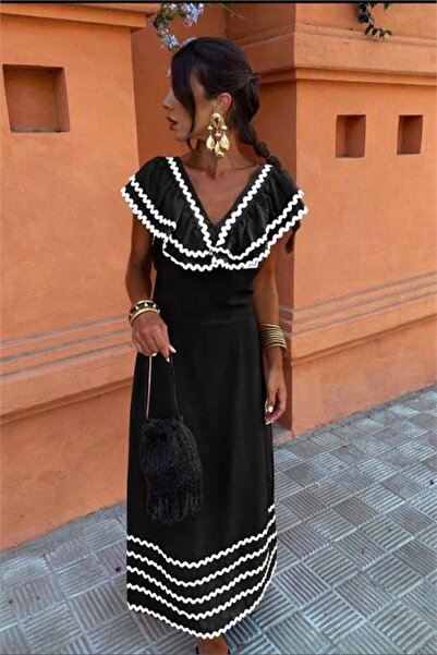 Neşeli Butik Γυναικείο μαύρο φόρεμα με γιακά βολάν, με ζιγκ-ζαγκ λεπτομέρειες...