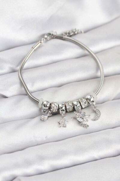 norsary Brass Silver Color Heart Model Charm Women's Bracelet