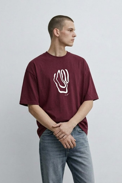 MATERIAL Men's Short Sleeve Patterned Oversize Claret Red T-Shirt