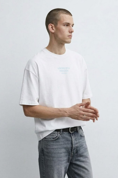 MATERIAL Men's Paradox Text Printed Oversize White T-Shirt