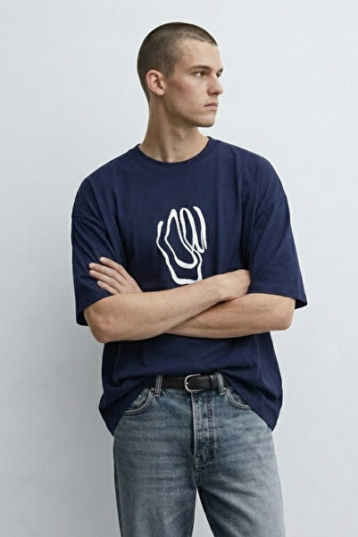 MATERIAL Men's Short Sleeve Patterned Oversize Navy Blue T-Shirt