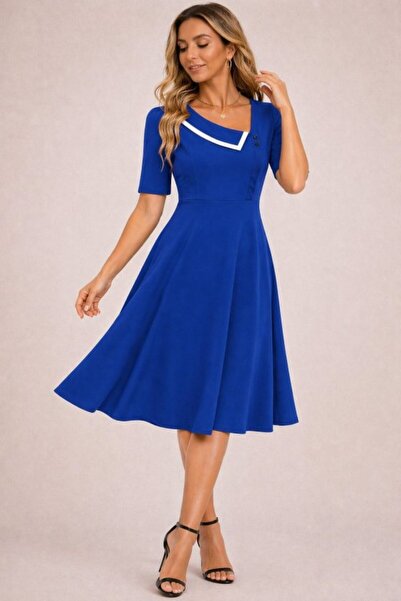 Simala Women's Short Sleeve Asymmetrical Collar Detailed Midi Janjan Crepe Dress