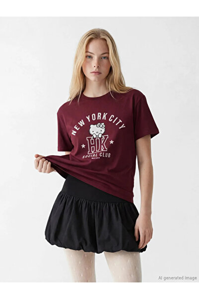 LC Waikiki Γυναικείο μπλουζάκι με στάμπα Hello Kitty σε μπορντό χρώμα
