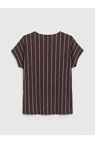 LC Waikiki Καφέ μπλουζάκι με λαιμόκοψη Ριγέ για γυναίκες