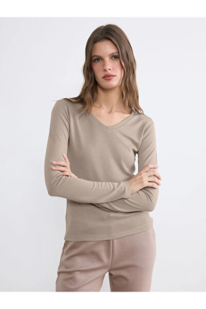 LC Waikiki Καφέ γυναικείο κορμάκι με λαιμόκοψη V