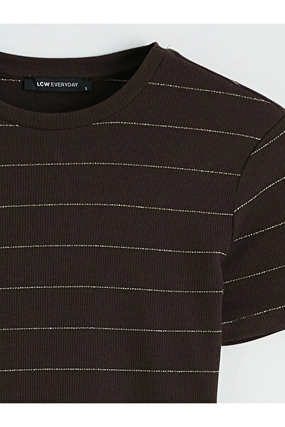 LC Waikiki Καφέ μπλουζάκι με λαιμόκοψη Ριγέ για γυναίκες