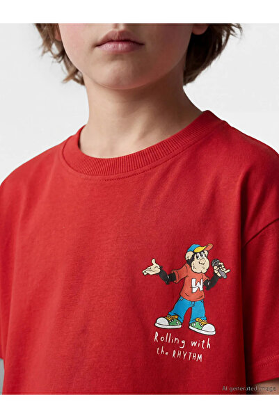 LC Waikiki Κόκκινο μπλουζάκι για αγόρια με στάμπα Red Nostalgic Monkey