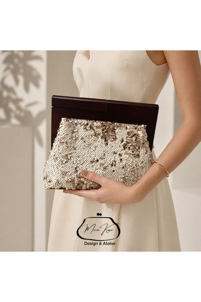 MK Ahşap İthal Burslu Payetli Abiye El Çantası – Zincir Askılı Şık Kadın Clutch