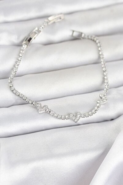 norsary Brass Silver Color Heart Model Zircon Stone Waterway Women's Bracelet