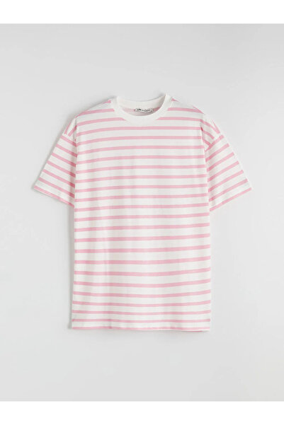 LC Waikiki Ροζ γυναικείο μπλουζάκι με ριγέ λαιμόκοψη