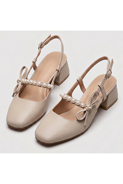 Barinoska Women's White Heeled Shoes with Side Belt, 4 cm Pearl Detail, Leath...