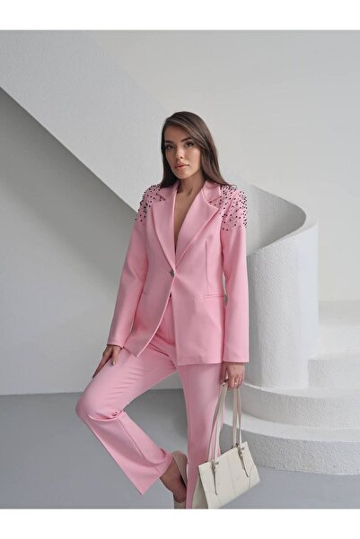 HOPE AND ME Taş Detaylı Kahverengi Blazer Pantolon Takım