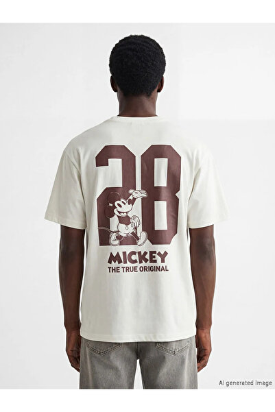LC Waikiki Ανδρικό μπλουζάκι Ecru Crew Neck με στάμπα Μίκυ Μάους