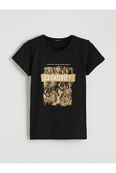 LC Waikiki Γυναικείο μπλουζάκι με στάμπα μαύρο Crew Neck