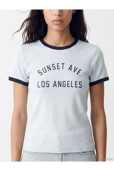 LC Waikiki Γυναικείο μπλουζάκι με στάμπα Los Angeles σε μπλε λαιμόκοψη