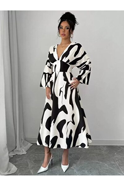 Iuliashop Rochie midi Beidar crem cu imprimeu negru - S