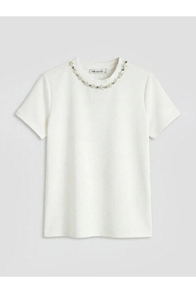 LC Waikiki Λευκό γυναικείο μπλουζάκι με λαιμόκοψη ποδηλάτου και στρας