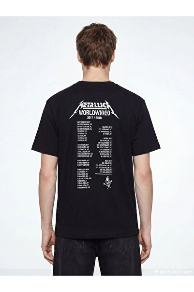 LC Waikiki Μαύρο ανδρικό μπλουζάκι με λαιμόκοψη ποδηλάτου και στάμπα Metallica